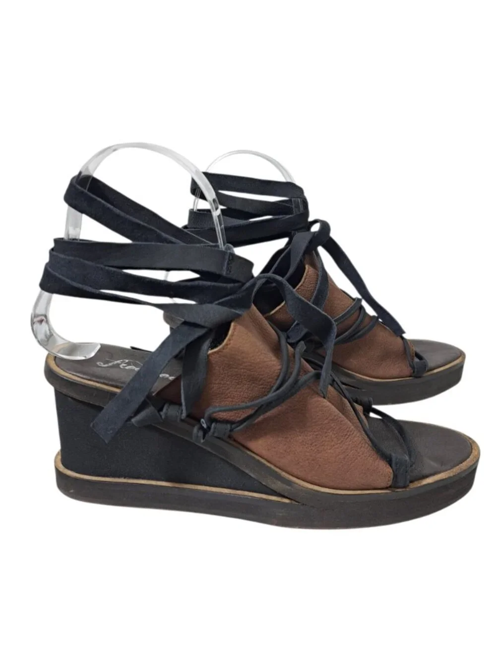 Free People Bowery Leather Lace-up Wedge Boho Sandals Black Brown Sz 39